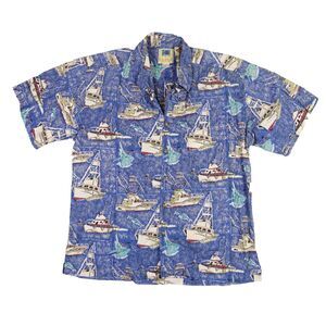 Kahala Hawaiian Shirt Men's Medium Button Up Camp Fishing Boats Marlin Nautical